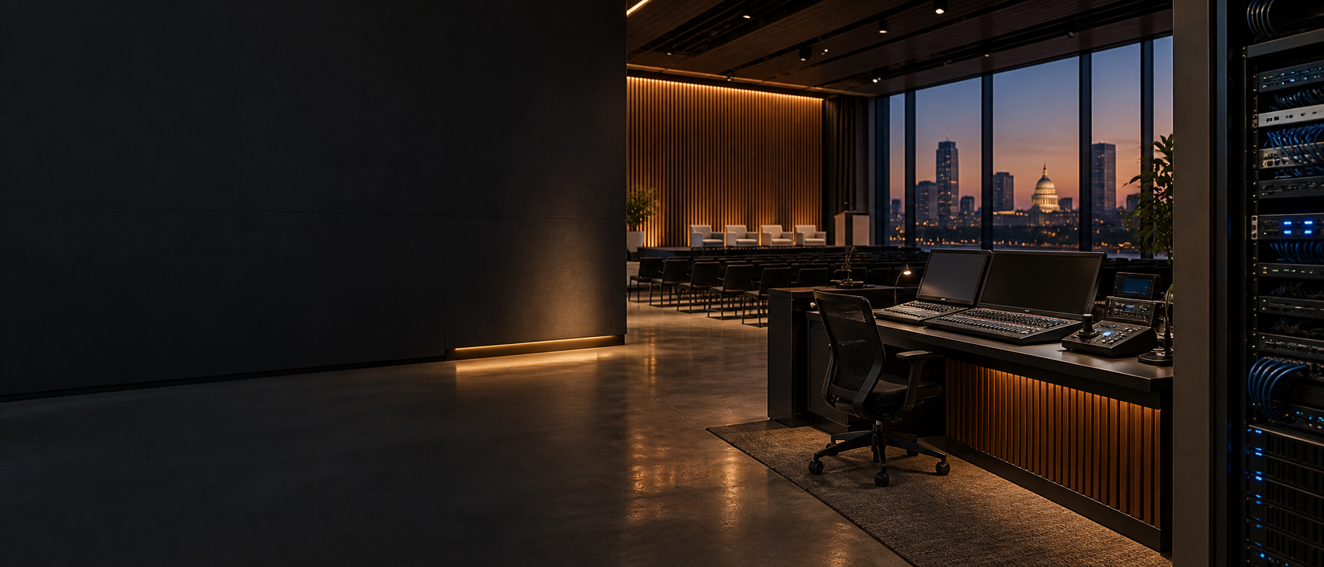 Professional audio visual control room beside a modern meeting space