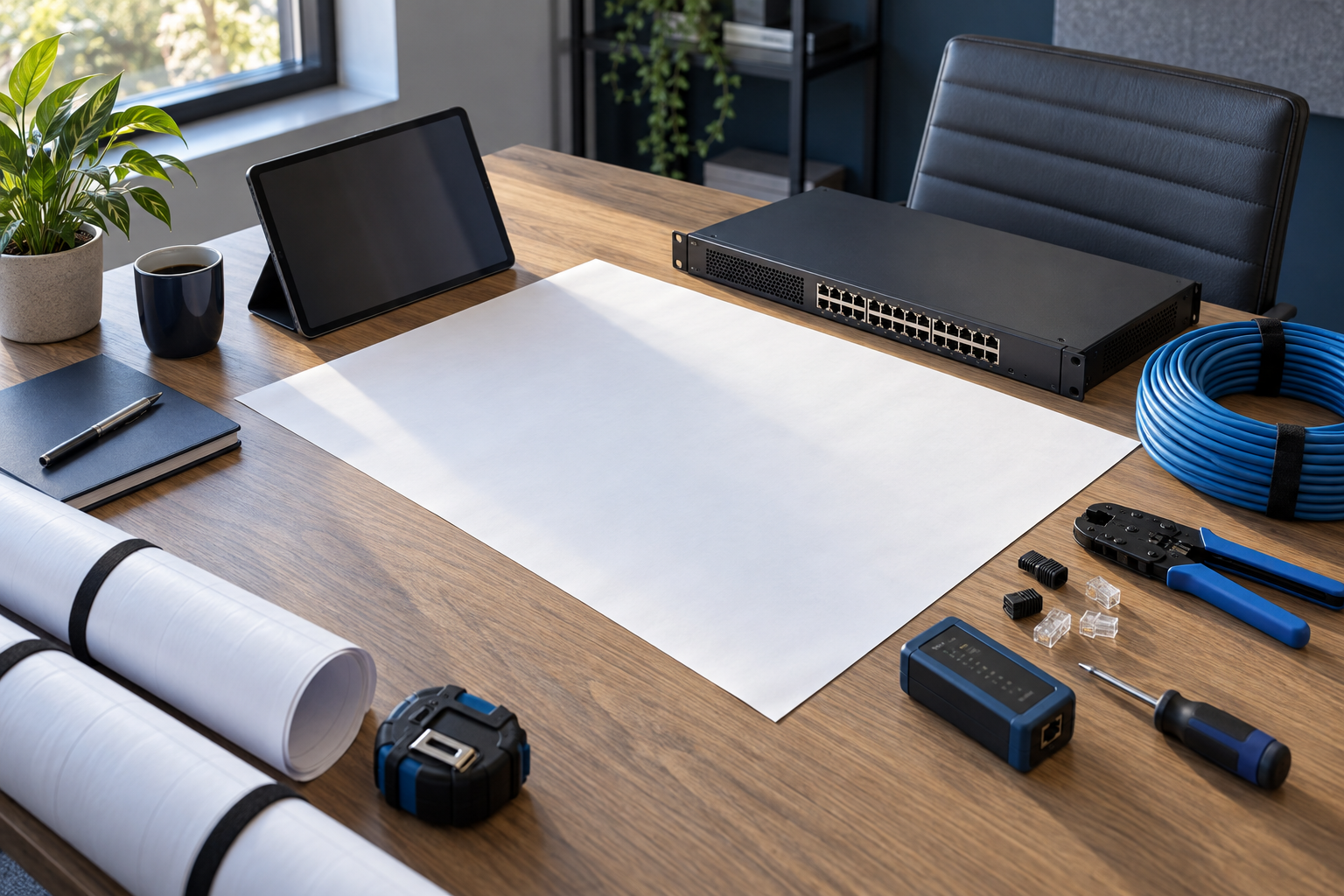 Technology planning table with networking equipment and installation tools