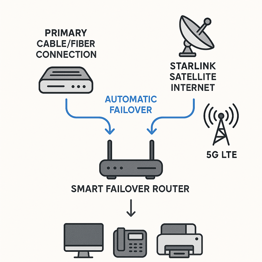 Diagram showing a failover router switching between cable or fiber, satellite internet, and 5G LTE connections